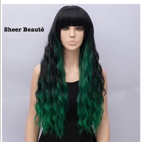 Green And Black Curly Wigs With Bangs - Picture 2 of 6